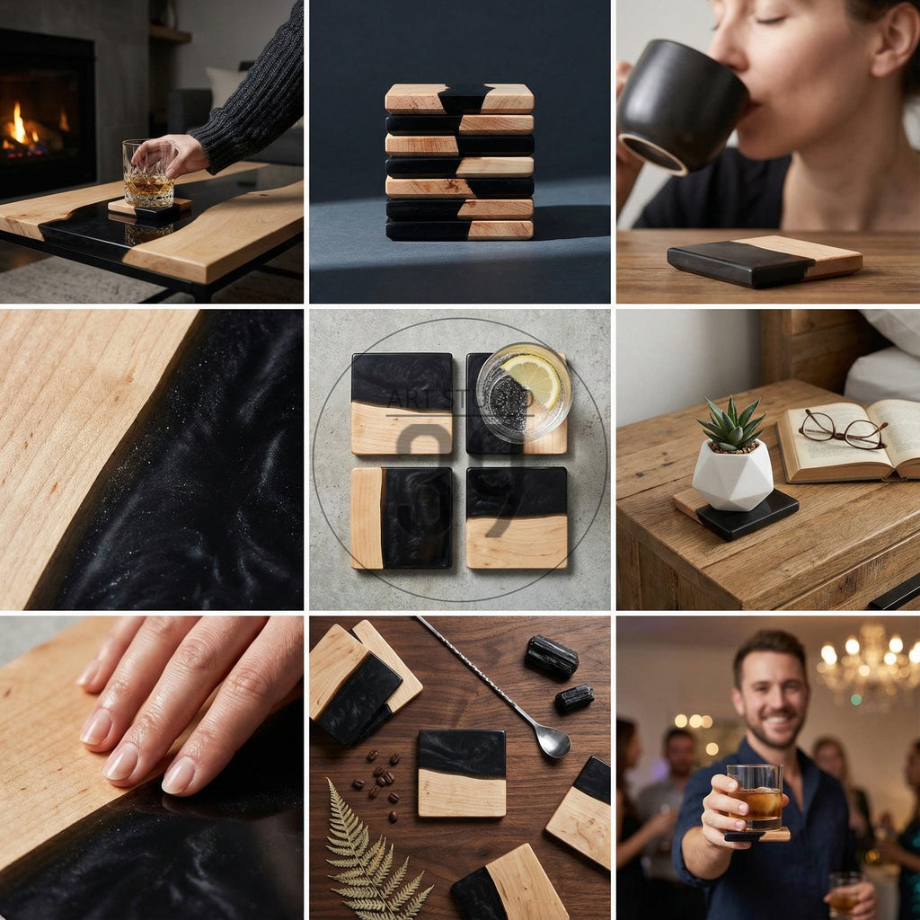 Square coasters with a two-tone design, featuring natural wood and black resin. The coasters are shown in various settings, including a coffee table, bedside table, and bar setting. Each coaster measures approximately 4 inches square.