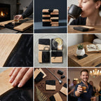 Square coasters with a two-tone design, featuring natural wood and black resin. The coasters are shown in various settings, including a coffee table, bedside table, and bar setting. Each coaster measures approximately 4 inches square.