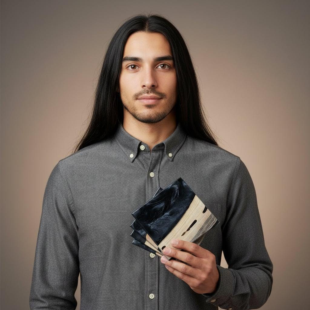 A stack of square coasters with a black and white marbled design. The coasters have a natural wood edge. The person in the image is wearing a gray button-down shirt.