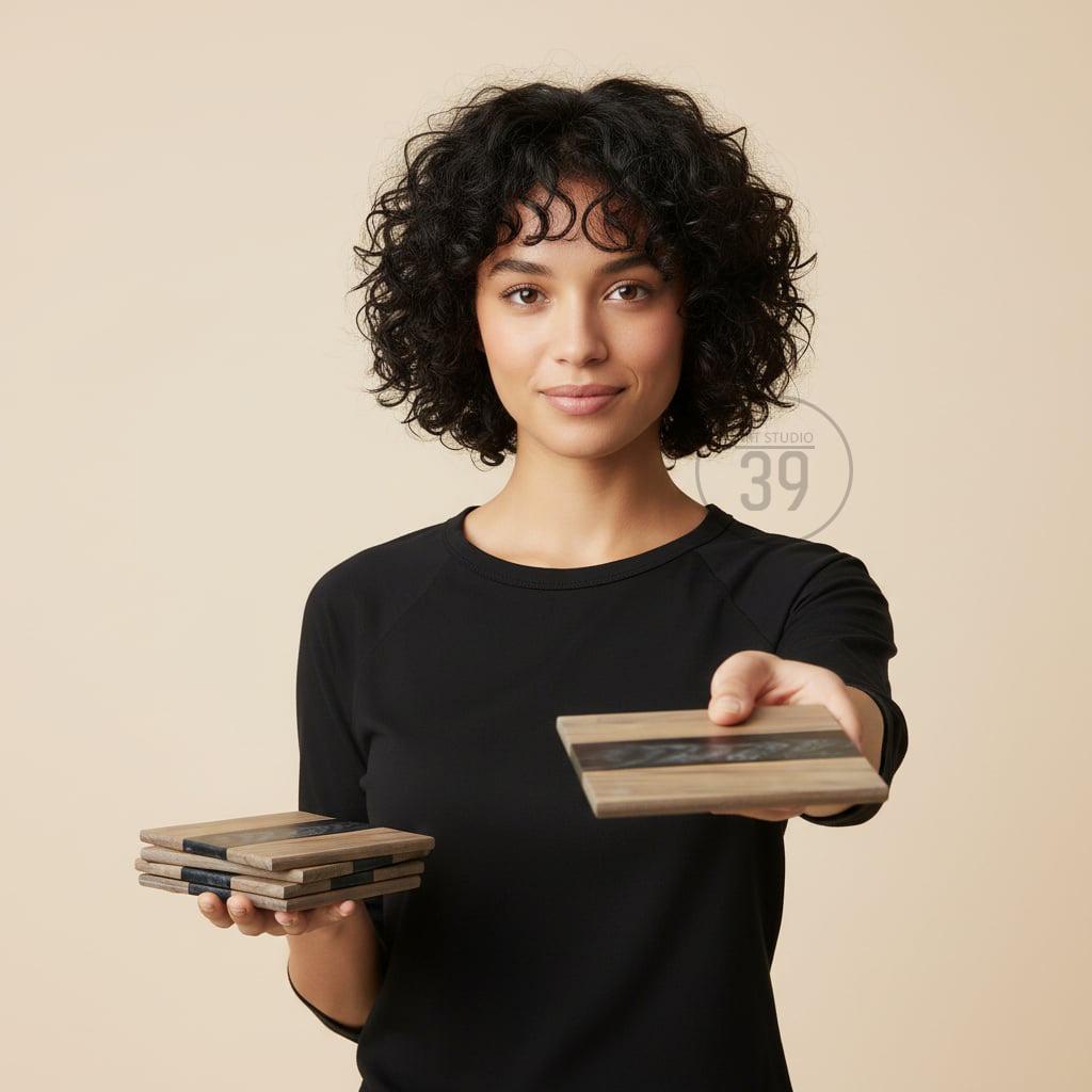Wooden coasters with a dark stripe detail are held up for display. The coasters are made of light-colored wood with a dark, possibly resin, stripe. The coasters are square and appear to be stacked in sets.