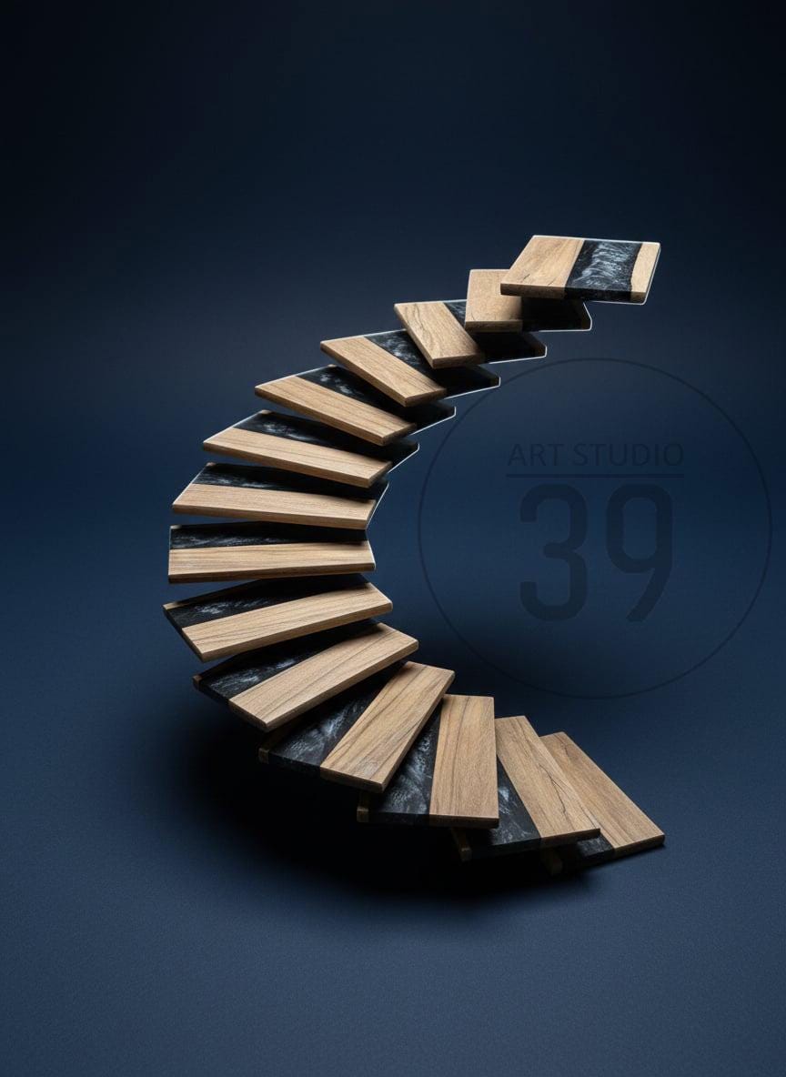 A modern, curved staircase with wooden steps and black accents. The steps are made of light-colored wood and are set against a dark blue background. The text "ART STUDIO 39" is visible in the background.