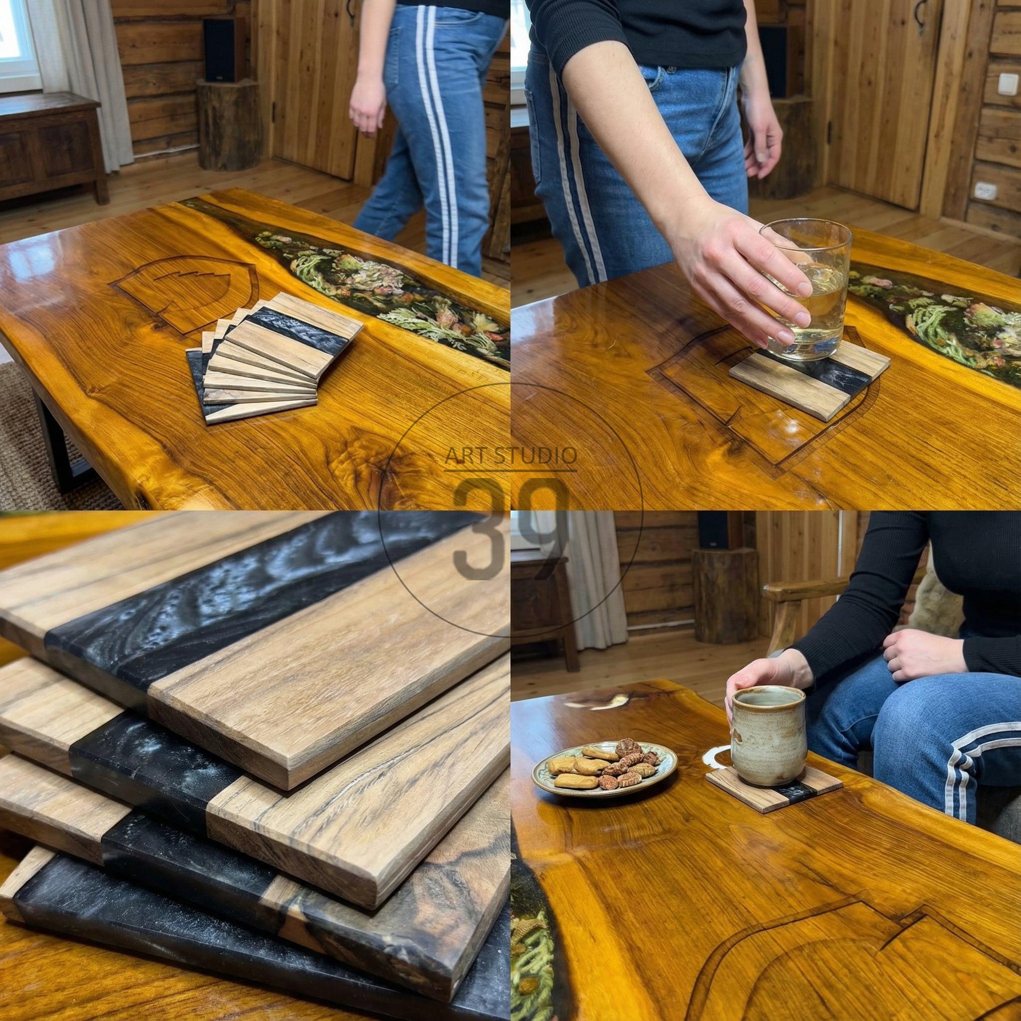 Handmade Walnut & Black Resin Coaster Set, Personalized Wooden Coasters