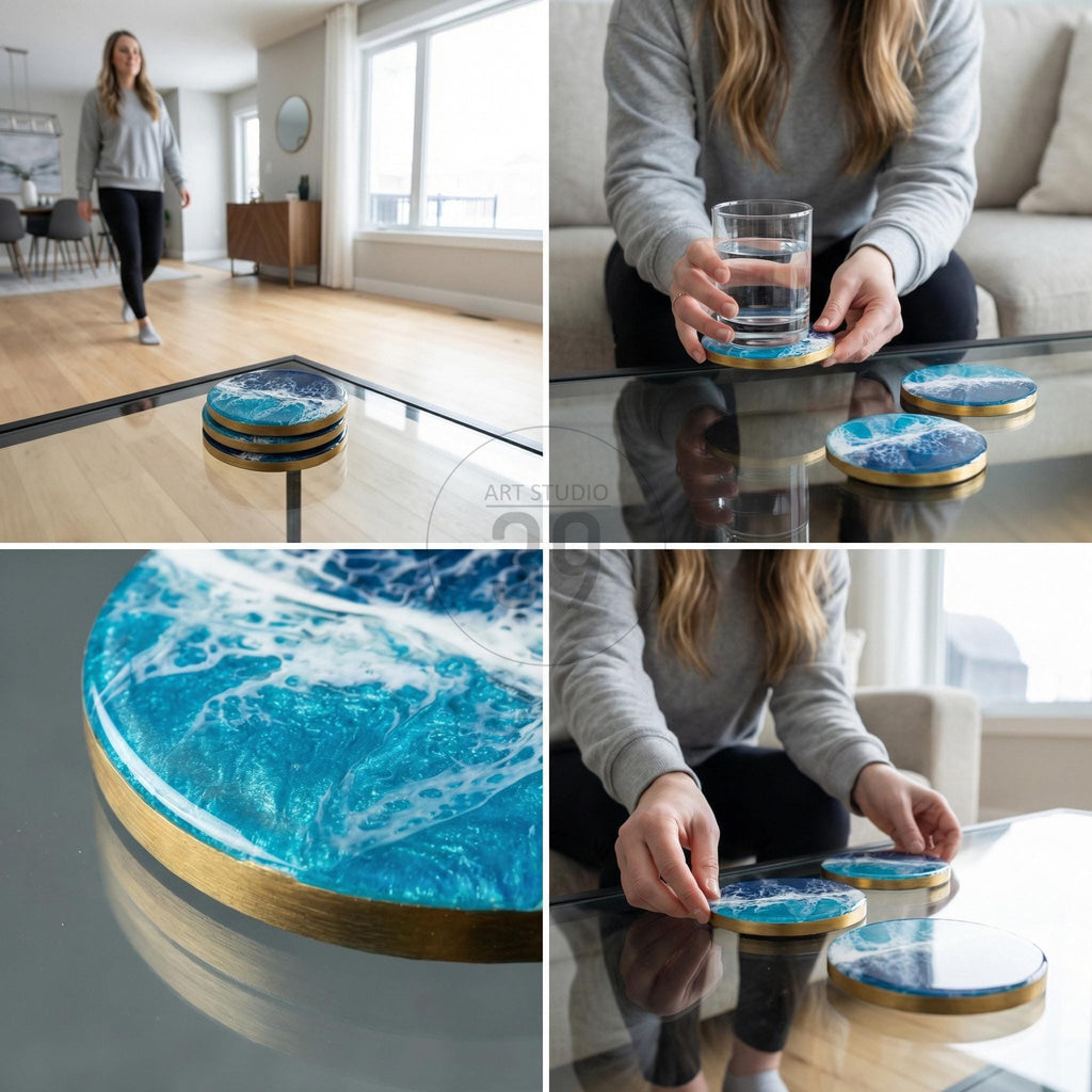 A set of four round coasters with a blue and white ocean wave design. The coasters have a gold-colored edge and are made of resin. They are displayed on a glass table.