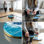 A set of four round coasters with a blue and white ocean wave design. The coasters have a gold-colored edge and are made of resin. They are displayed on a glass table.