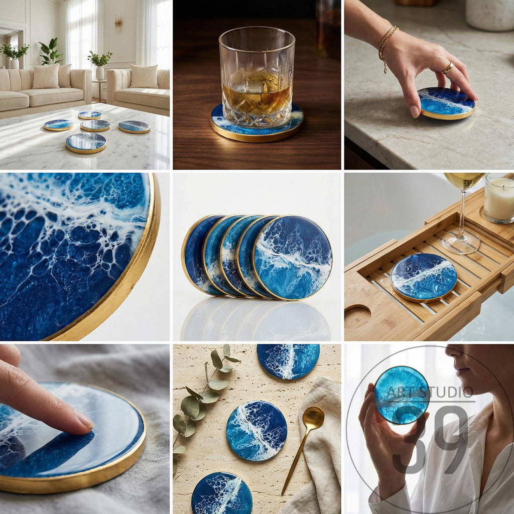 Round coasters with a blue and white wave design, accented with gold trim. The coasters are made of a glossy material and are shown in various settings, including a living room and a bathroom.