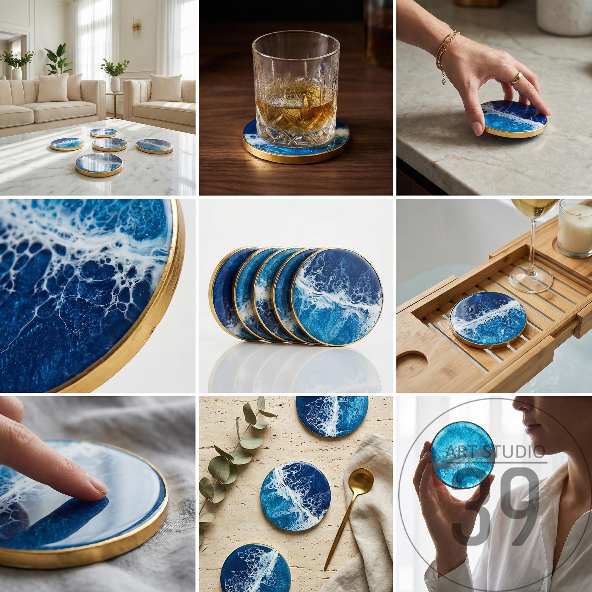 Round coasters with a blue and white wave design, accented with gold trim. The coasters are made of a glossy material and are shown in various settings, including a living room and a bathroom.