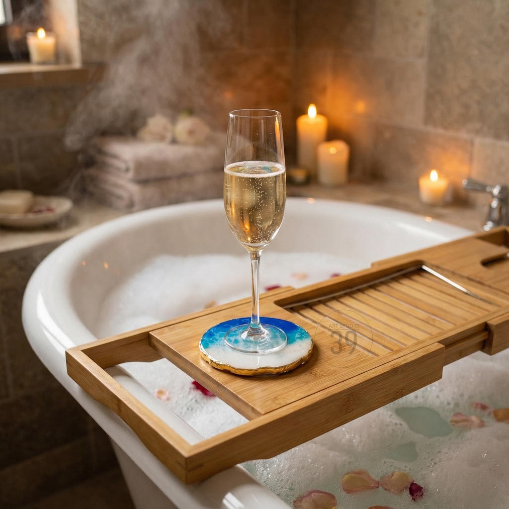 A champagne flute filled with bubbly champagne sits on a blue and white coaster. The coaster rests on a bamboo bathtub tray. The scene is lit by candlelight, creating a relaxing spa-like atmosphere.