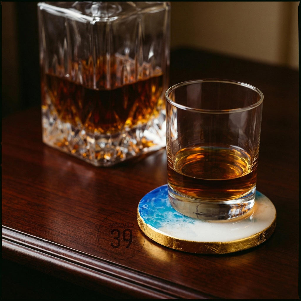 A rocks glass with amber liquid sits on a blue, white, and gold coaster. A crystal decanter filled with amber liquid is in the background. The coaster has a gold leaf edge and a blue and white ocean wave design.