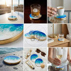 Round coasters with a blue and white ocean wave design and a gold rim. The coasters are made of resin and are shown in various settings, including with a glass of whiskey, a cup of coffee, and a glass of water. The coasters are approximately 4 inches in diameter.
