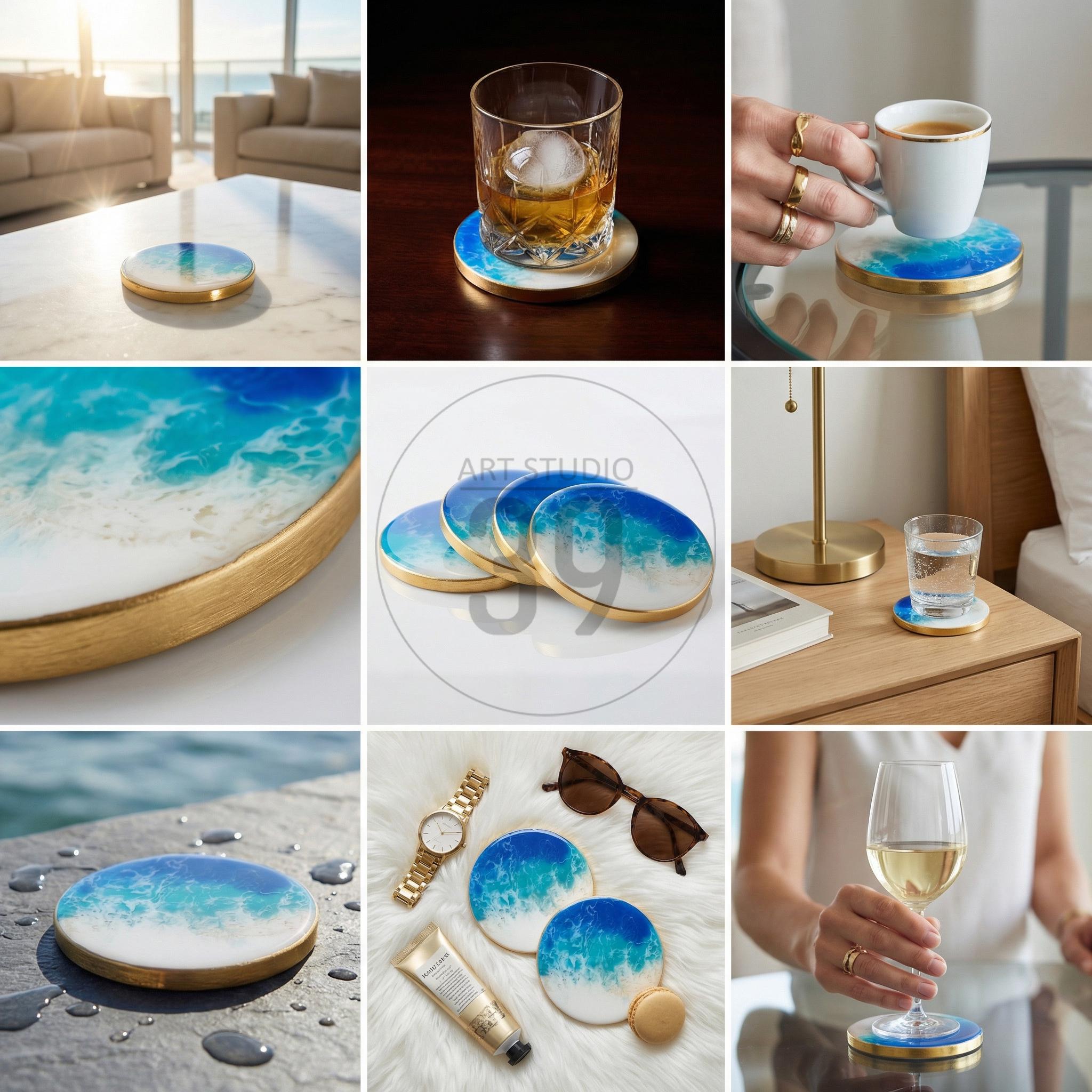 Round coasters with a blue and white ocean wave design and a gold rim. The coasters are made of resin and are shown in various settings, including with a glass of whiskey, a cup of coffee, and a glass of water. The coasters are approximately 4 inches in diameter.