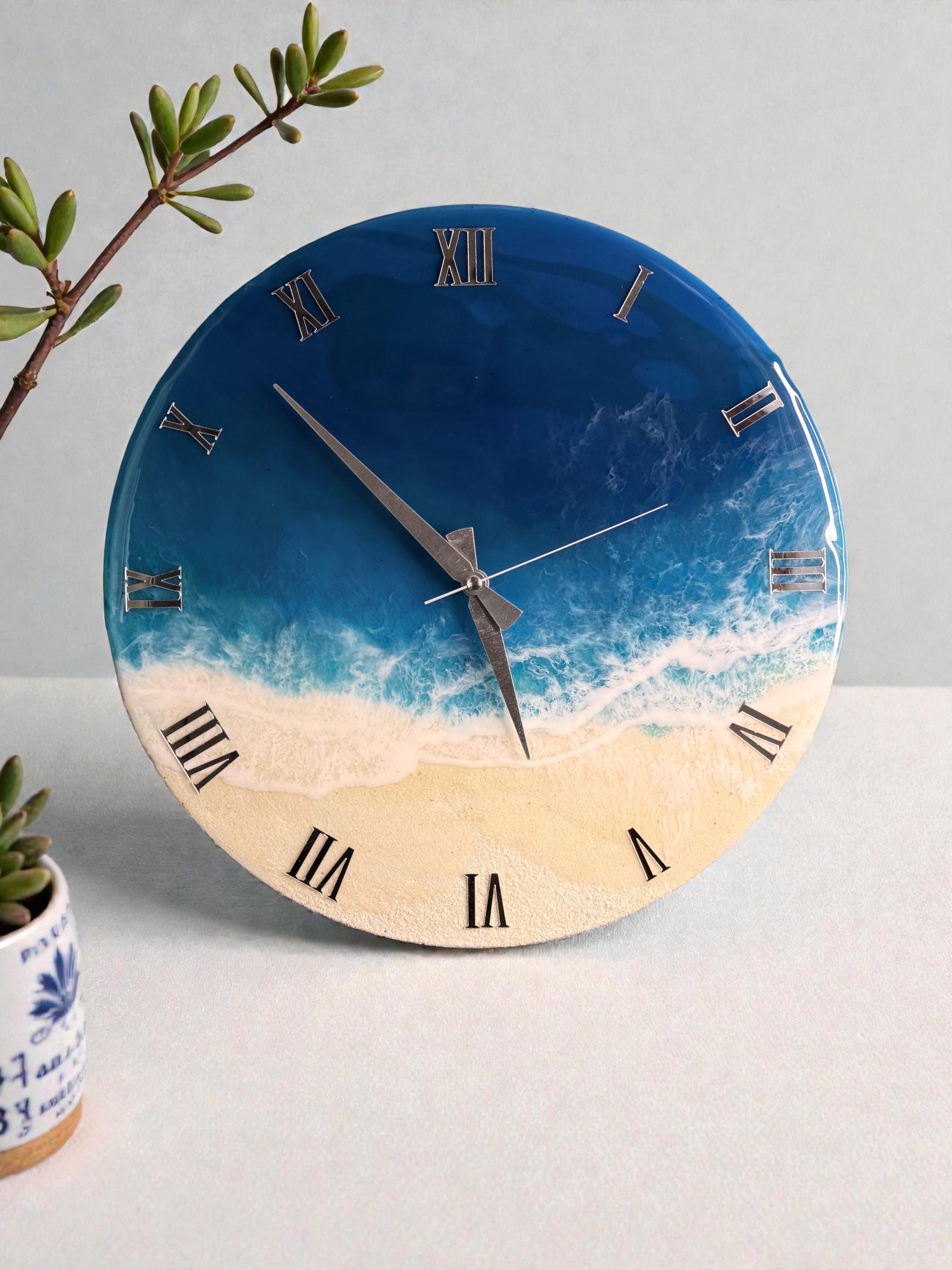 Handmade Ocean Resin Wall Clock, Coastal Home Decor, Silver Roman Numerals