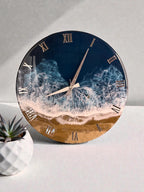 Ocean Resin Wall Clock, Handmade Coastal Decor with Silver Numerals