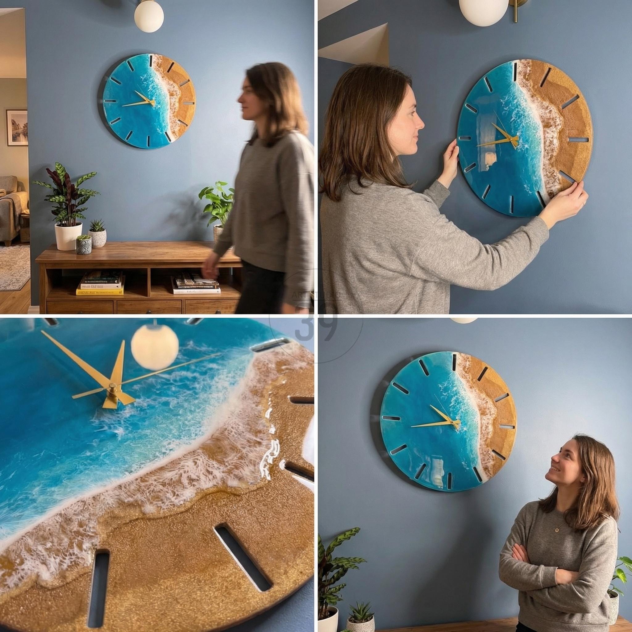 A round wall clock with a beach-themed design. The clock face features a blue ocean, sandy shore, and gold-colored clock hands. The clock is made of wood and resin, creating a unique coastal aesthetic.