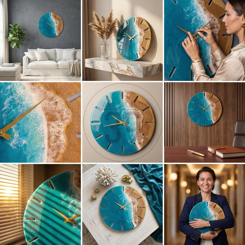 Round wall clock with a blue and tan resin design, resembling a beach scene. The clock features gold-colored hands and hour markers. The clock is approximately 12 inches in diameter.