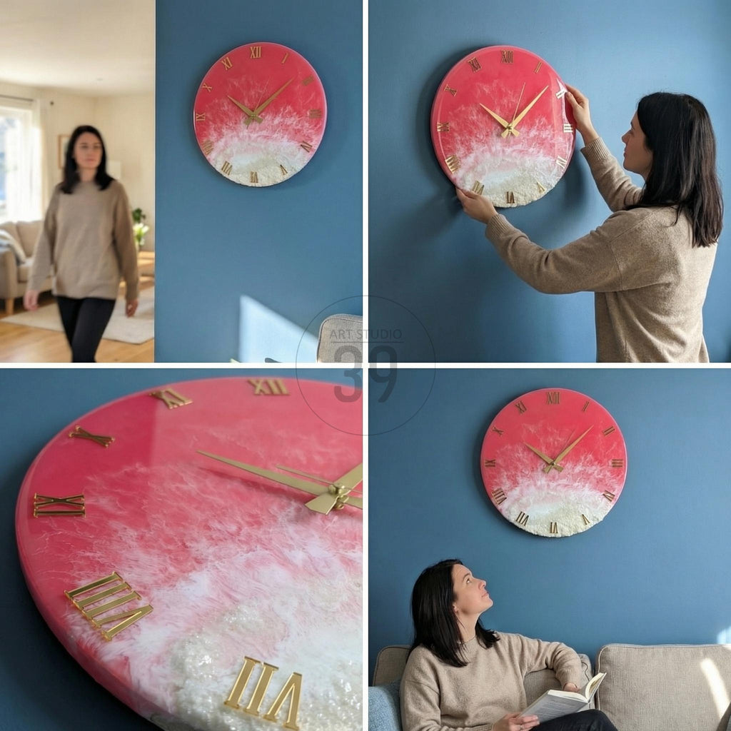 A round wall clock with a red and white design, gold hands, and Roman numeral hour markers. The clock is mounted on a blue wall. The clock's diameter is approximately 12 inches.