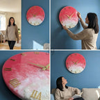 A round wall clock with a red and white design, gold hands, and Roman numeral hour markers. The clock is mounted on a blue wall. The clock's diameter is approximately 12 inches.