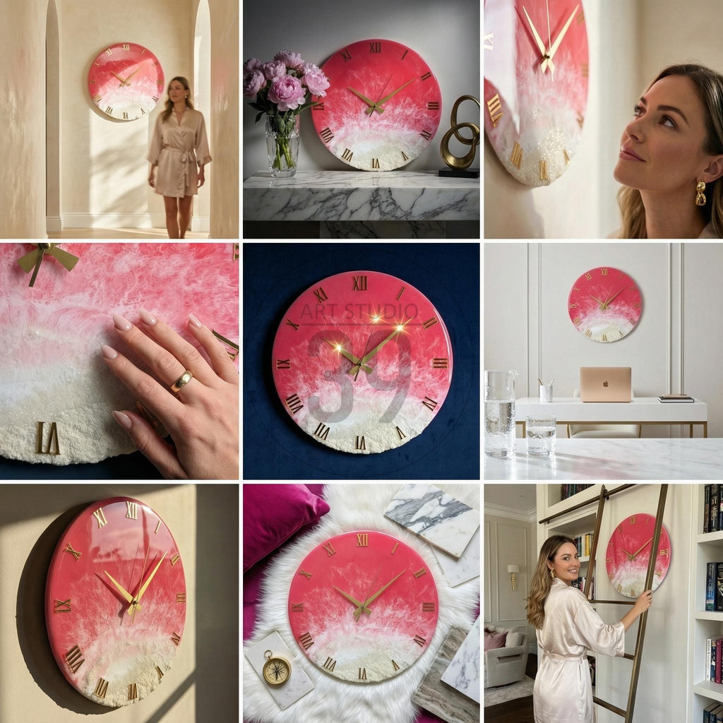 A round wall clock with a red and white resin design. The clock features gold-colored hands and Roman numeral hour markers. The clock is approximately 12 inches in diameter, a decorative piece for any room.