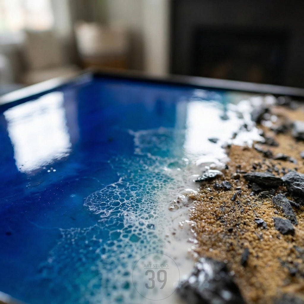 A rectangular resin art piece depicting a coastal scene. The artwork features a deep blue ocean with foamy white waves meeting a sandy beach. Dark rocks are scattered along the shoreline. The text "ART STUDIO 39" is visible.