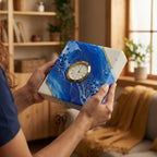 A square clock with a gold-colored bezel and a white face, set into a blue and white marbled resin block. The clock has black Roman numerals. The resin block has a white edge and the text "ART STUDIO 39".