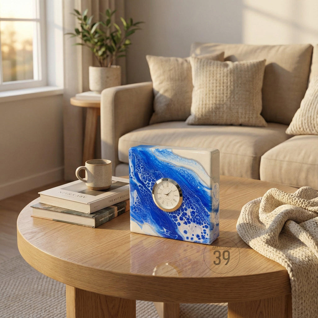 A square clock with a white and blue abstract design, featuring a gold-colored clock face. The clock is on a wooden coffee table, with a beige sofa and pillows in the background. The number "39" is visible on the bottom right.