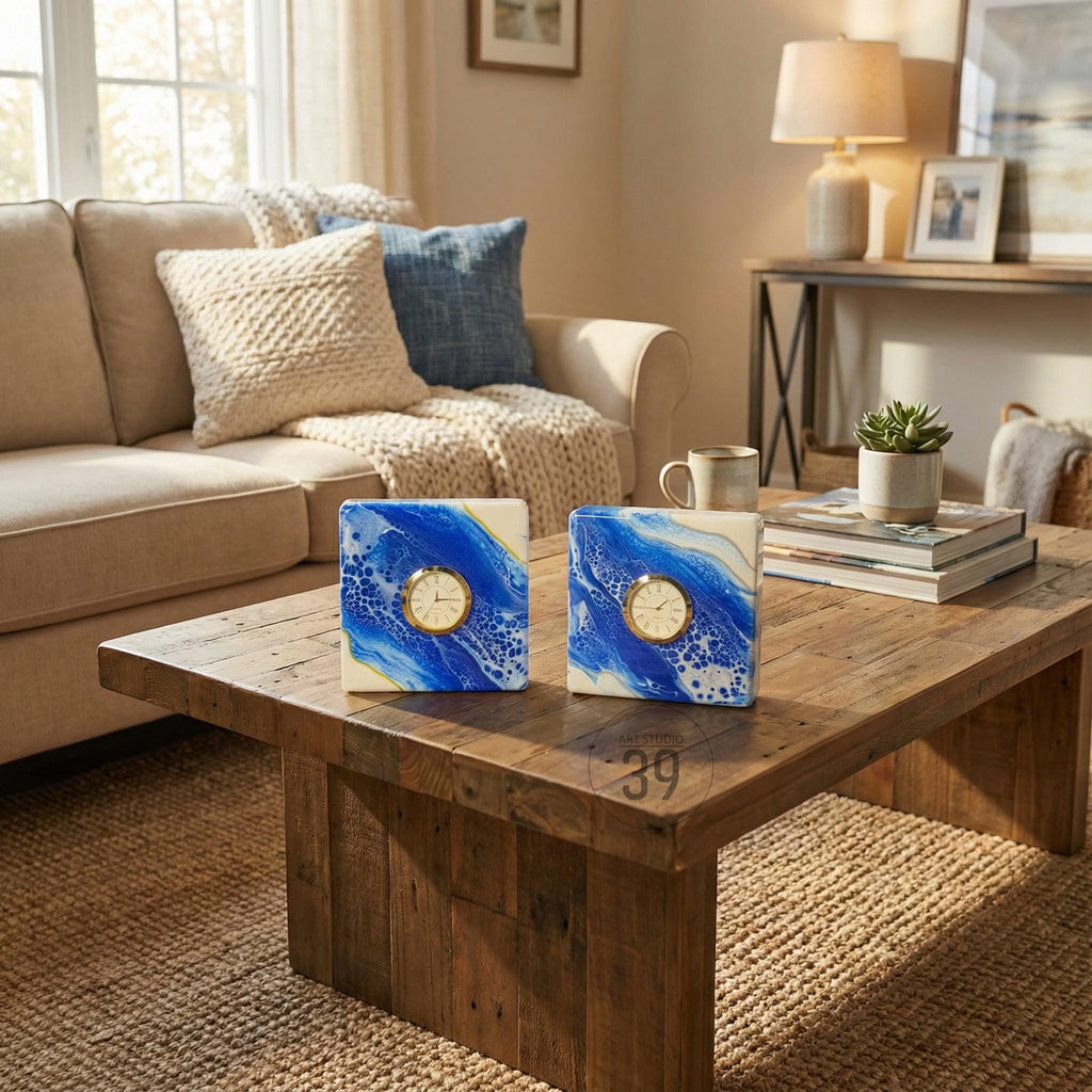 Two square clocks with a blue and white abstract design and gold-colored clock faces sit on a wooden coffee table. The clocks are a decorative home accent. The table is made of reclaimed wood.