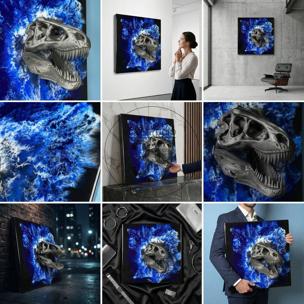 A metallic silver T-Rex skull sculpture emerging from a vibrant blue and white abstract background. The artwork is displayed on a black canvas, creating a striking contrast. The sculpture's details are finely rendered.