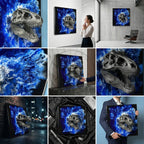 A metallic silver T-Rex skull sculpture emerging from a vibrant blue and white abstract background. The artwork is displayed on a black canvas, creating a striking contrast. The sculpture's details are finely rendered.