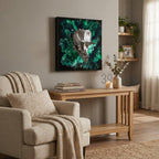A framed artwork featuring a metallic dinosaur skull against a vibrant green and black background. The artwork is displayed above a light-colored wooden console table. The room is decorated with neutral tones and natural textures.
