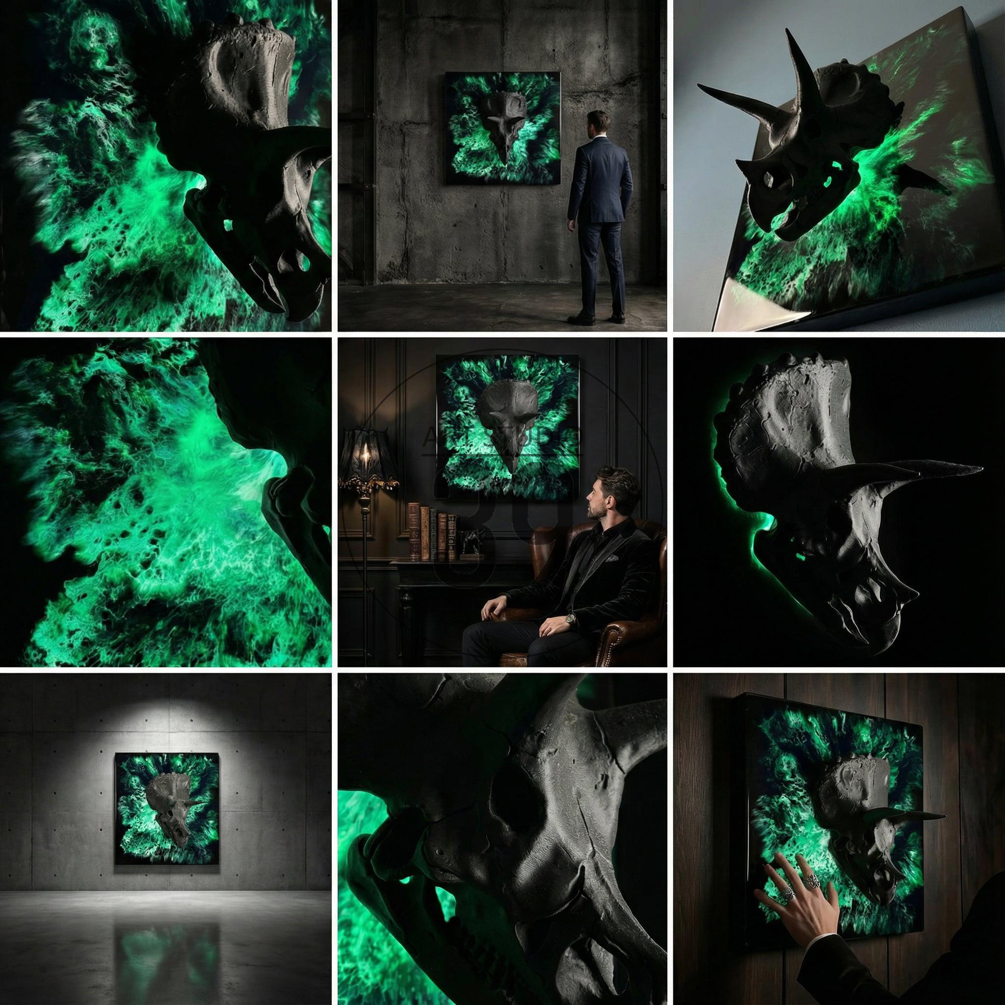 Black triceratops skull art with glowing green accents. The artwork is displayed on a square canvas, creating a striking contrast against the dark background. The dinosaur skull is a focal point.