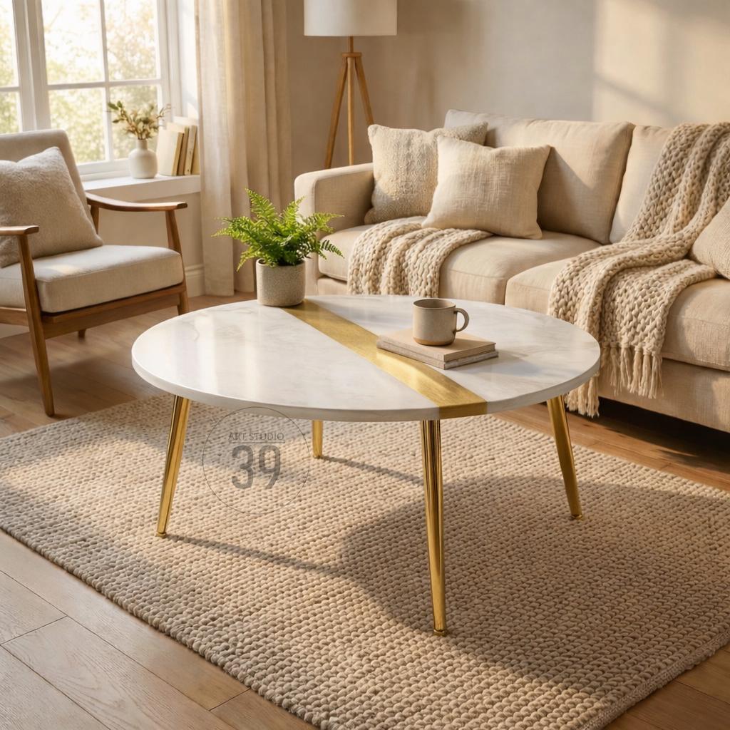 A white and gold coffee table with a marble top and gold legs. The table has a gold stripe down the center. The table is in a living room setting with a beige rug, sofa, and chair.