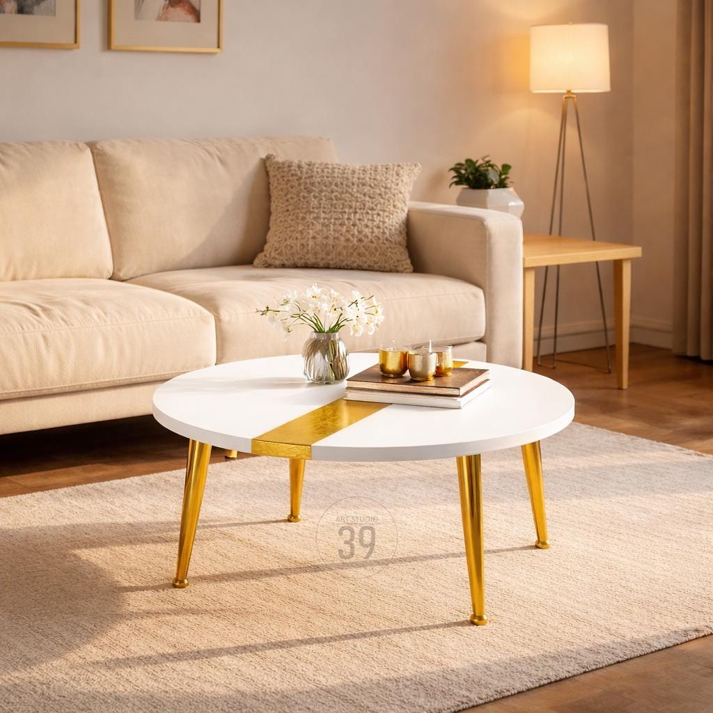Handmade Round Coffee Table – White Resin with Gold Leaf Inlay