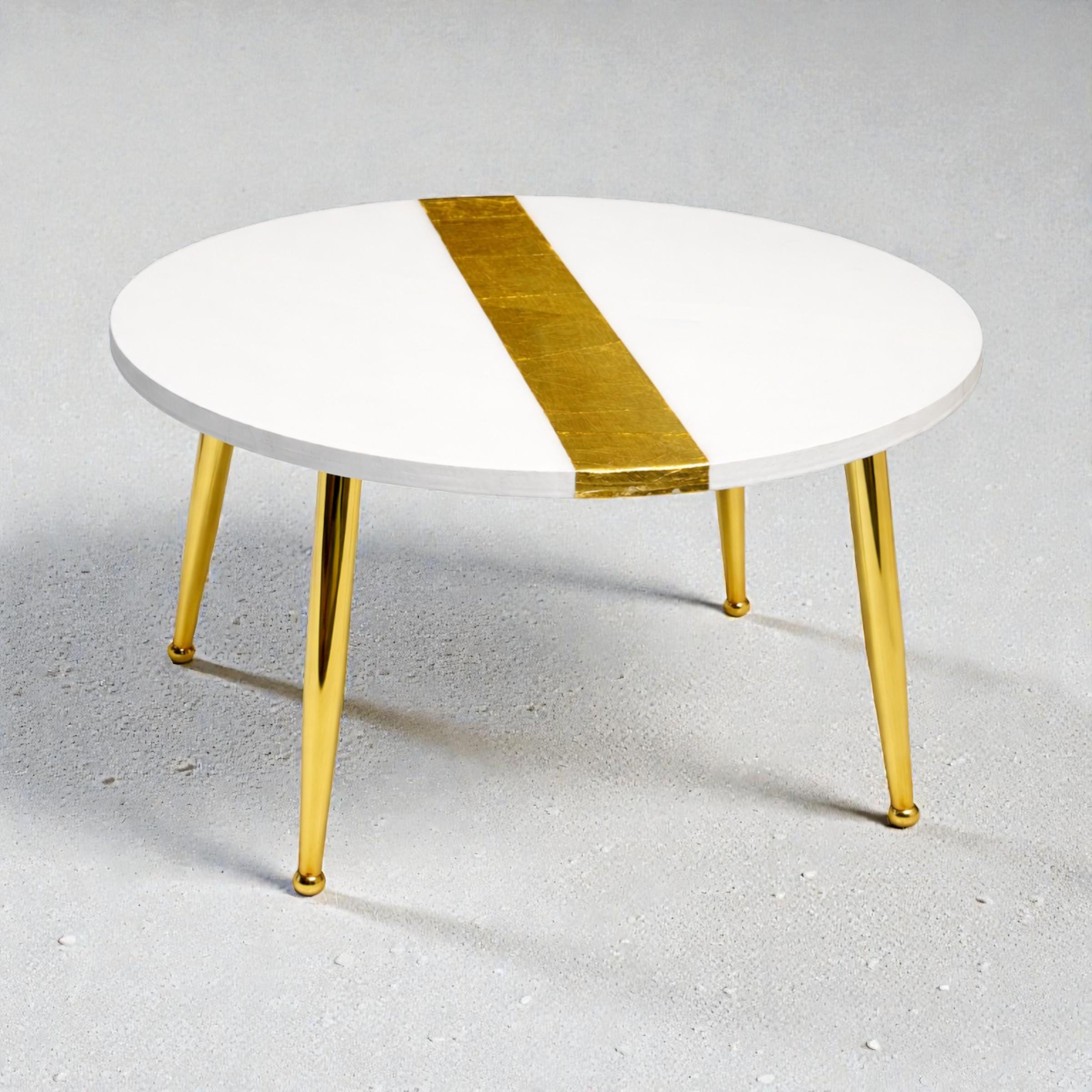 Handmade Round Coffee Table – White Resin with Gold Leaf Inlay