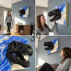 A black dinosaur skull sculpture mounted on a square canvas. The canvas features a blue and white abstract design with gold accents. The artwork is displayed on a gray wall.