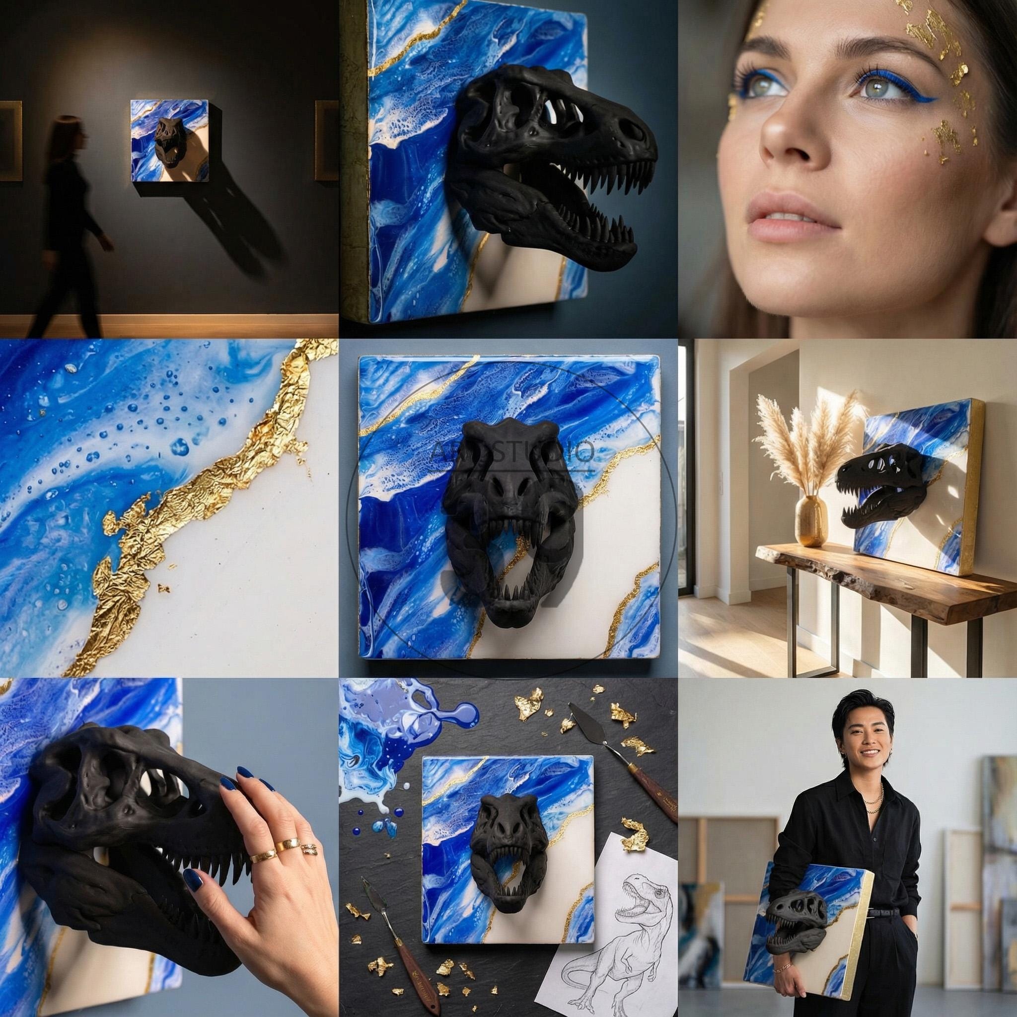 A collection of artwork featuring a black Tyrannosaurus Rex skull mounted on a square canvas. The canvas has a blue and white abstract design with gold leaf accents. The artwork is displayed in various settings.