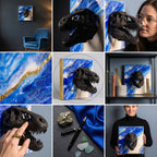 A black Tyrannosaurus Rex skull sculpture mounted on a square canvas. The canvas features a blue and white abstract design with gold accents. The artwork is displayed in various settings, including on a wall and held by a person.