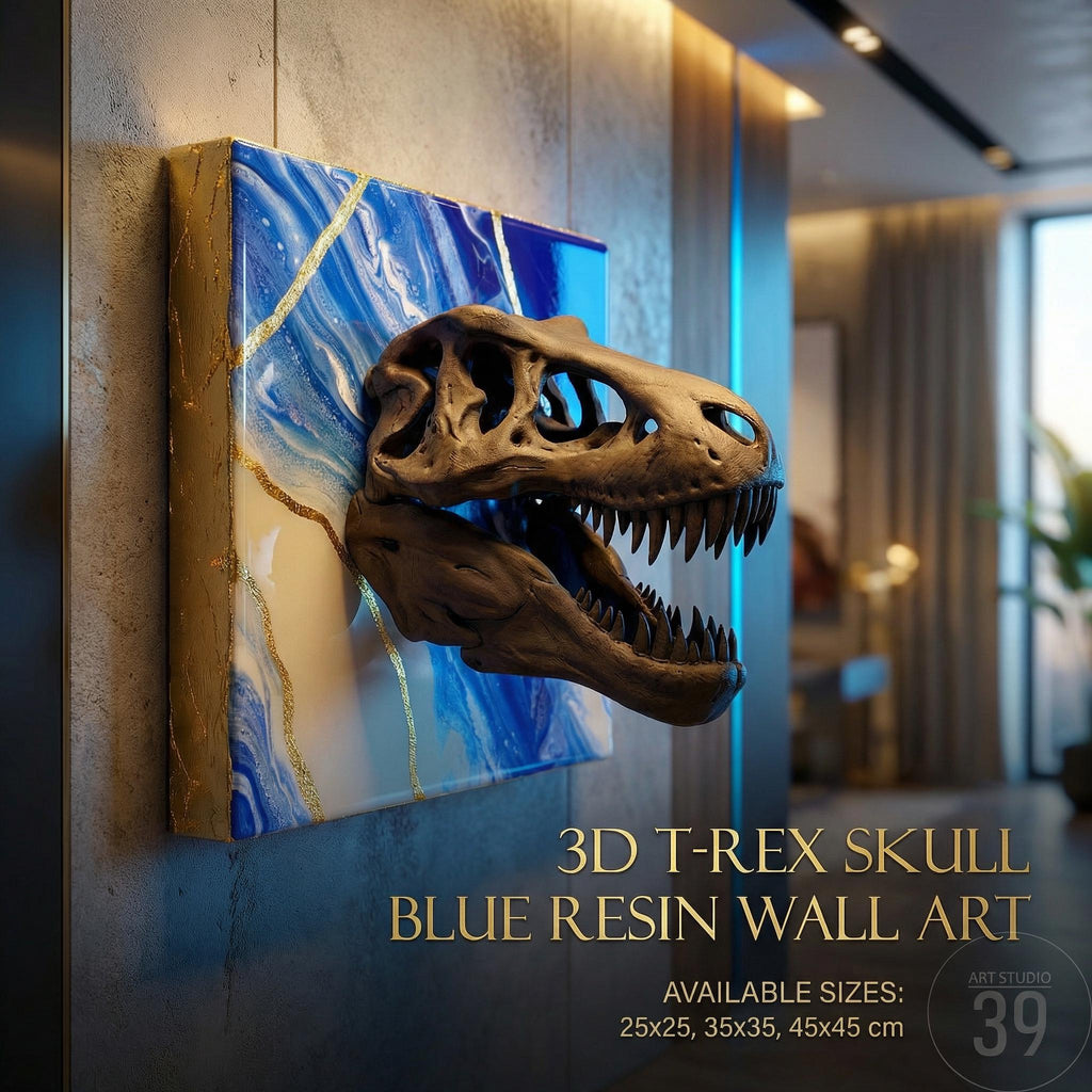3D T-Rex skull wall art. The artwork features a detailed, brown dinosaur skull emerging from a blue and white resin background with gold accents. The text on the image reads "3D T-REX SKULL BLUE RESIN WALL ART" and "AVAILABLE SIZES: 25x25, 35x35, 45x45 cm."