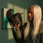 A black triceratops skull is held in front of a painting with green and gold accents. The skull is detailed with horns and eye sockets. The painting is mounted on a white canvas. The background is a green wall.