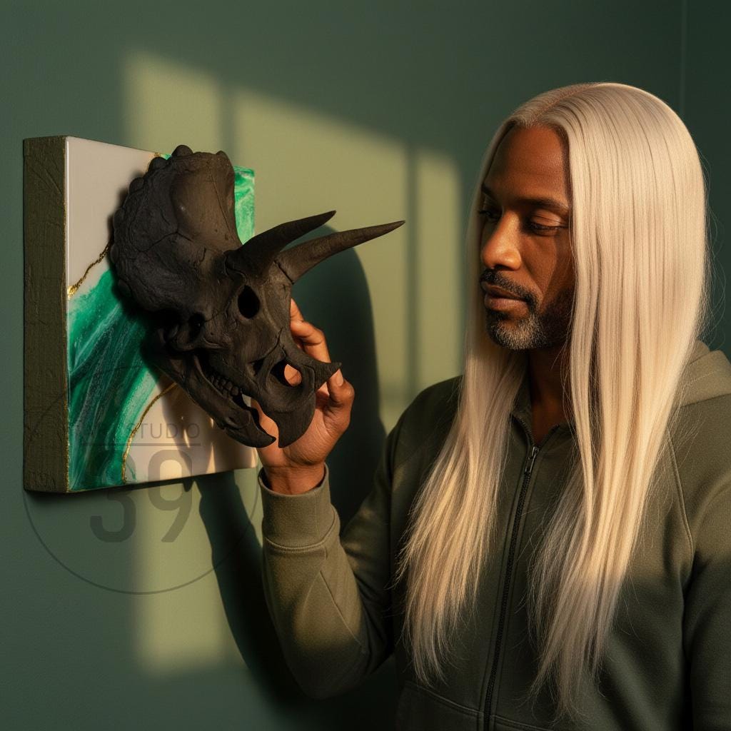 A black triceratops skull is held in front of a painting with green and gold accents. The skull is detailed with horns and eye sockets. The painting is mounted on a white canvas. The background is a green wall.