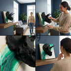 A black triceratops skull sculpture mounted on a white and green abstract background. The artwork is displayed on a wooden shelf against a dark blue wall. The sculpture has a textured appearance.
