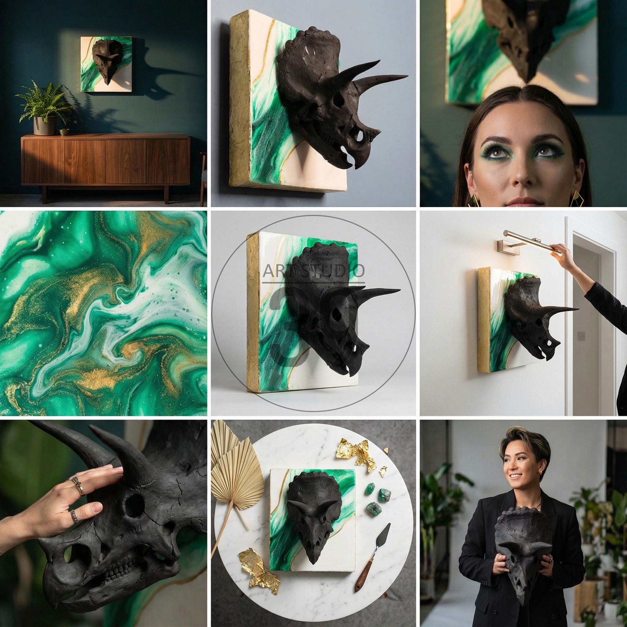 Black triceratops skull sculpture mounted on a square canvas with green and gold abstract paint. The canvas has a white background and gold edges. The artwork is displayed on a wall.