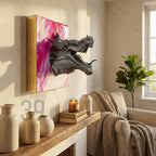A gray dragon head sculpture emerging from a pink and gold abstract painting. The artwork is mounted on a wall, with the text "ART STUDIO 39" visible. The scene includes a wooden shelf with vases and a candle.