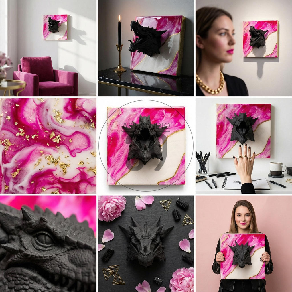 A black dragon sculpture mounted on a square canvas. The canvas features a vibrant pink and white marbled design with gold accents. The dragon's head is the focal point, with detailed scales and horns.