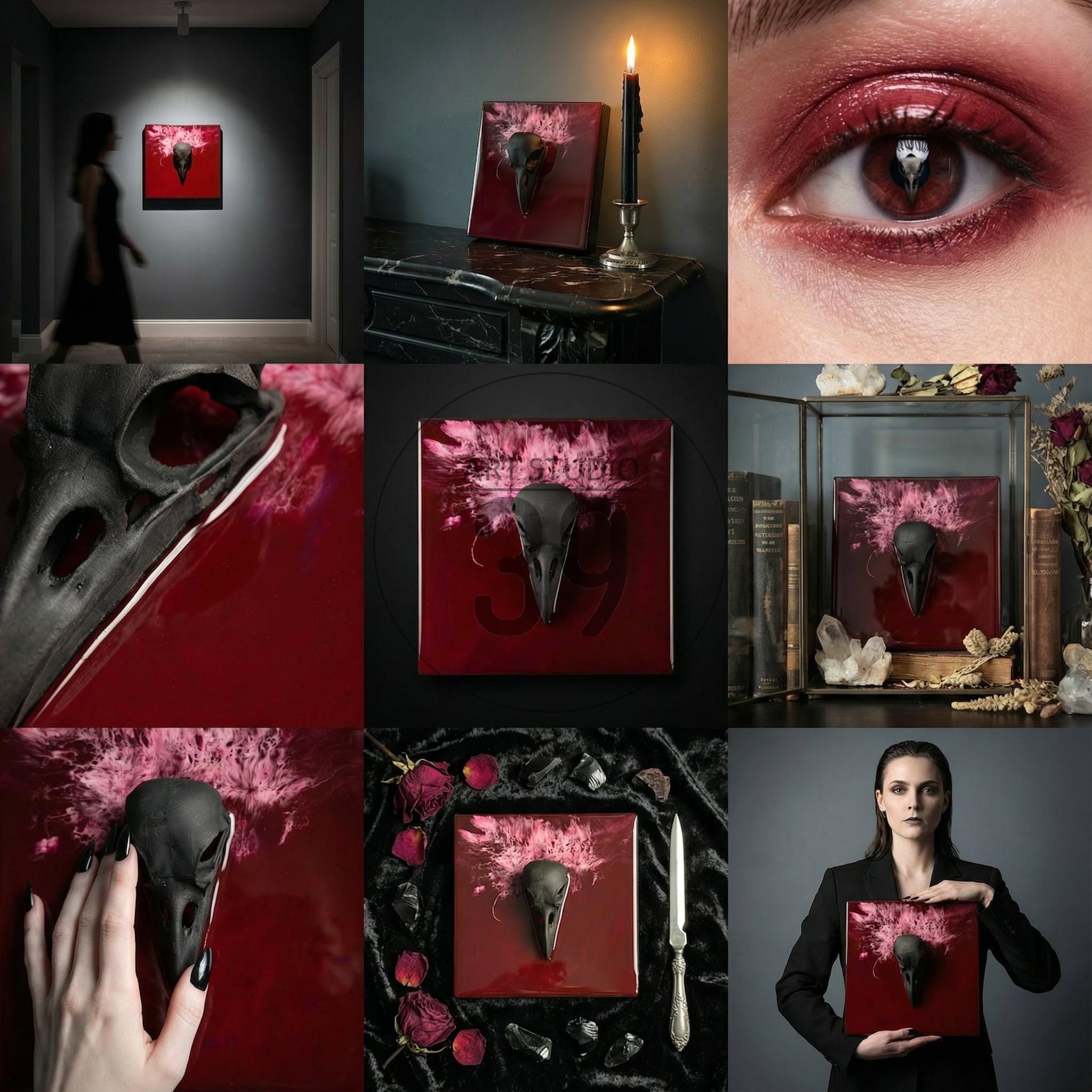 A collage of images featuring a black raven skull on a red background. The skull is the focal point, with details of the eye, a candle, and a woman holding the artwork. The artwork is displayed in a gallery setting.