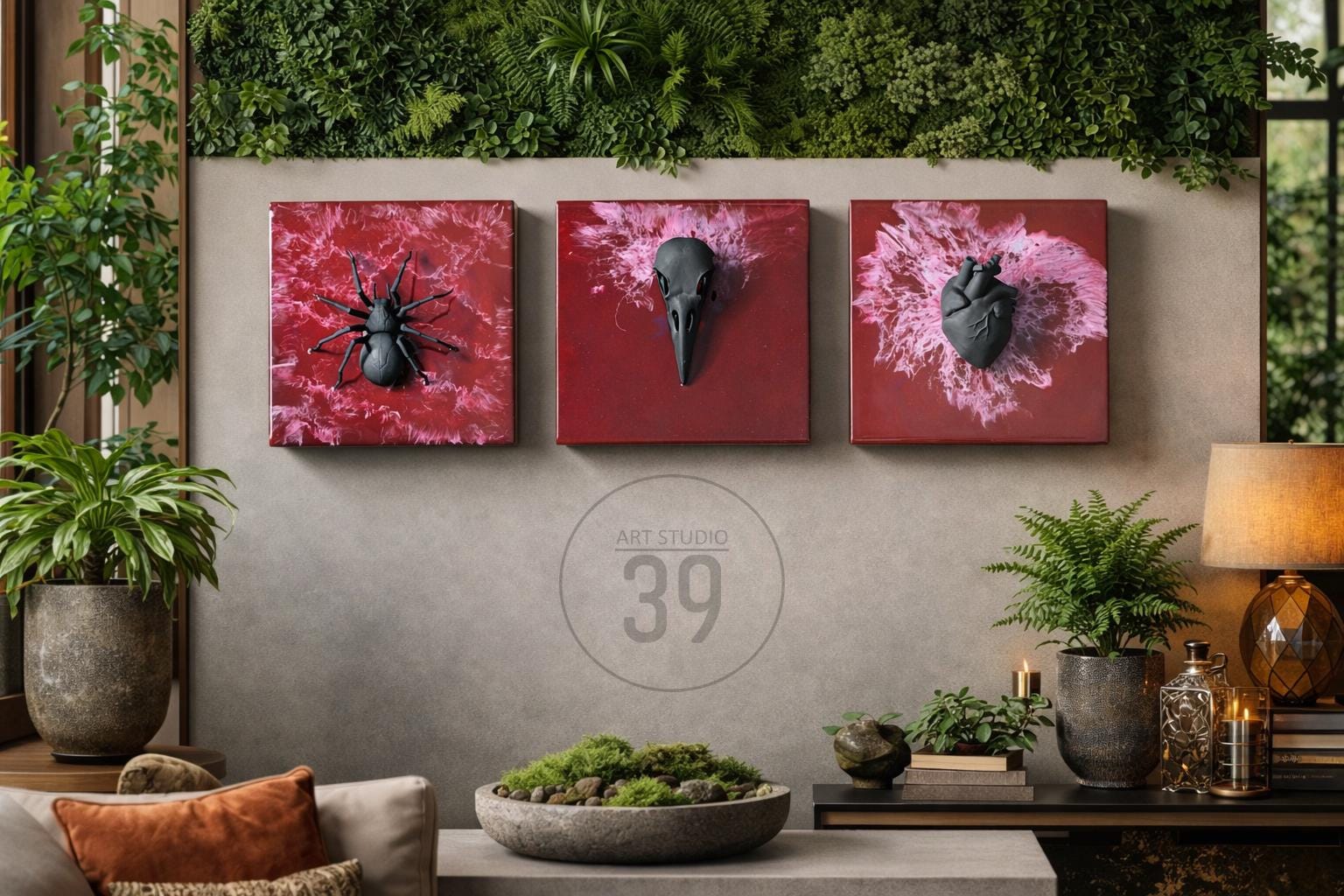 Three square wall art pieces with dark red backgrounds. Each features a black sculptural element: a spider, a bird skull, and a heart. The art is displayed on a gray wall with plants.