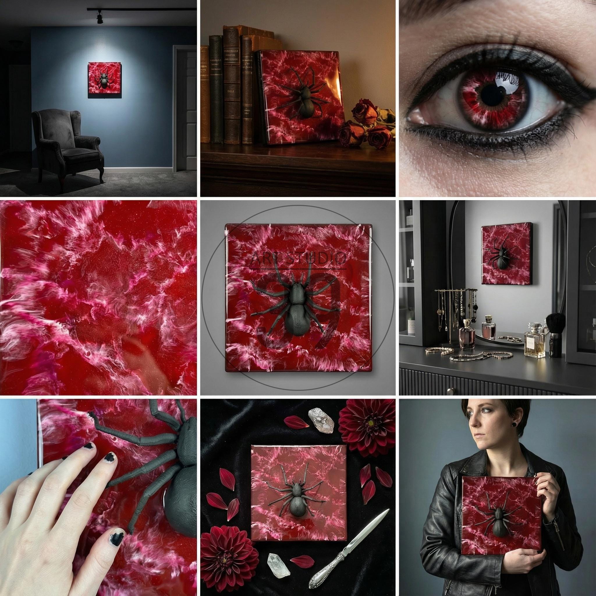 Square artwork with a red and white marbled background and a black spider. The artwork is displayed in various settings, including on a wall and held by a person. The artwork has a gothic theme.