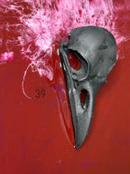 A dark gray raven skull sculpture with a red beak, set against a red and pink abstract background. The sculpture has detailed features and is positioned at an angle. The image includes the text "ART STUDIO 39".
