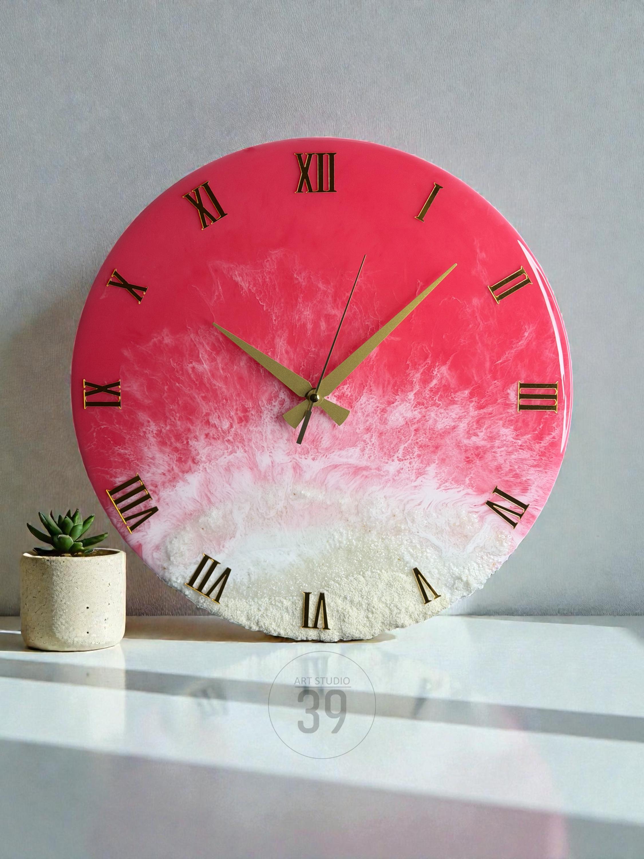 Pink Ocean Resin Wall Clock – Handmade Coastal Decor with Gold Numerals