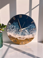 Ocean Resin Wall Clock, Handmade Coastal Decor with Silver Numerals