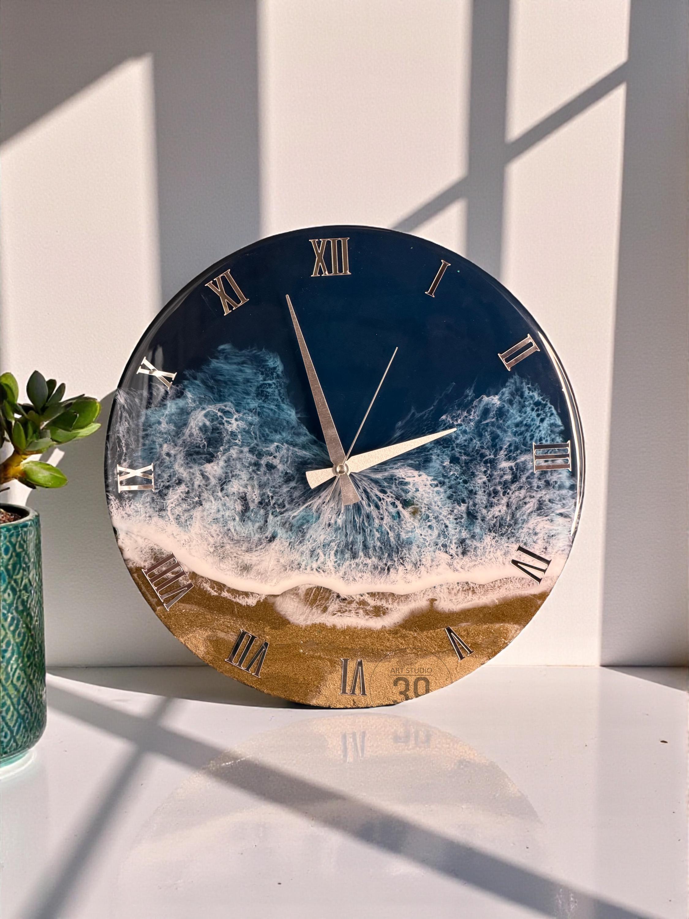 Ocean Resin Wall Clock, Handmade Coastal Decor with Silver Numerals