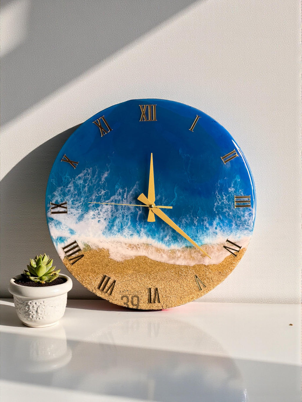 Handmade Ocean Resin Wall Clock, Coastal Decor with Gold Numerals